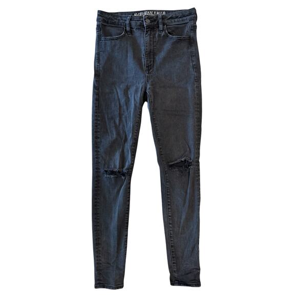 American Eagle Super Hi-Rise Stretch Jegging Black Distressed Skinny Jeans Sz 6 - Picture 1 of 10